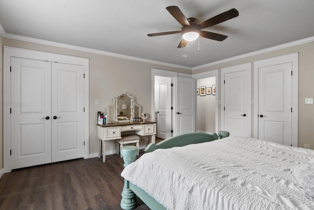 3101 Lax St, Newport, AR 72112 - bedroom with dark wood finished floors, ornamental molding, baseboards, ceiling fan, and a closet