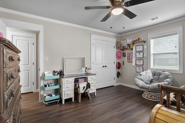 3101 Lax St, Newport, AR 72112 - office space with dark wood-type flooring, ornamental molding, a ceiling fan, and baseboards