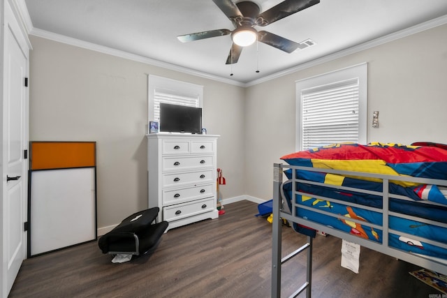 3101 Lax St, Newport, AR 72112 - bedroom featuring ornamental molding, dark wood-style floors, multiple windows, baseboards, and a ceiling fan