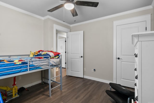 3101 Lax St, Newport, AR 72112 - bedroom featuring ornamental molding, dark wood finished floors, baseboards, and a ceiling fan