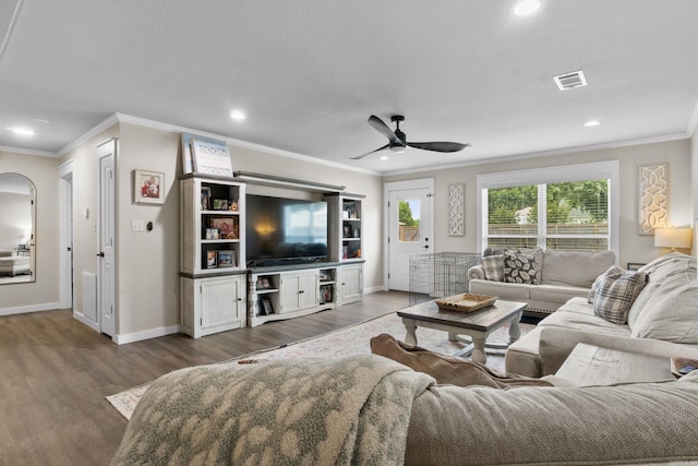 3101 Lax St, Newport, AR 72112 - living area with ornamental molding, recessed lighting, dark wood-style flooring, a ceiling fan, and baseboards