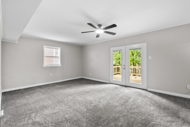 12224 Shawnee Forest Dr, Little Rock, AR 72212 - carpeted empty room featuring a ceiling fan, plenty of natural light, french doors, baseboards, and crown molding