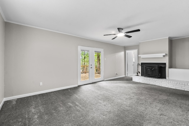 12224 Shawnee Forest Dr, Little Rock, AR 72212 - unfurnished living room with ceiling fan, carpet flooring, a fireplace, french doors, and crown molding