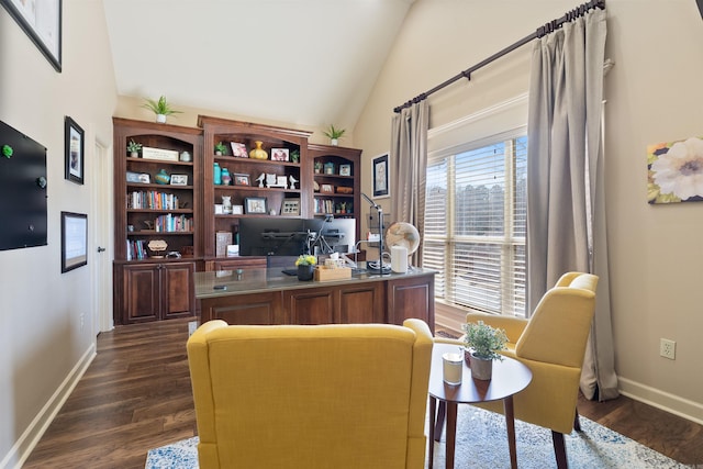 26 Jacob Pl, Little Rock, AR 72211 - home office with baseboards, dark wood-style flooring, and high vaulted ceiling