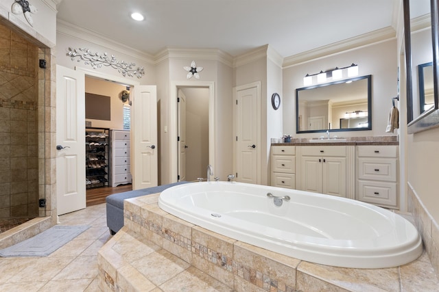 26 Jacob Pl, Little Rock, AR 72211 - bathroom featuring a bath, vanity, crown molding, a stall shower, and a closet