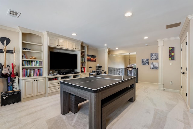 26 Jacob Pl, Little Rock, AR 72211 - playroom with light colored carpet, recessed lighting, ornamental molding, ornate columns, and baseboards