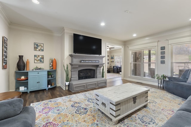 26 Jacob Pl, Little Rock, AR 72211 - living room with crown molding, dark wood finished floors, a fireplace with raised hearth, recessed lighting, and baseboards