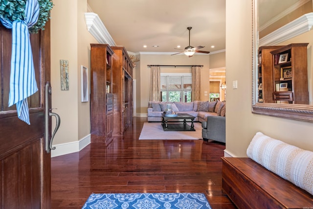 490 Quail Rdg, Hot Springs, AR 71901 - living room featuring ornamental molding, baseboards, wood finished floors, a ceiling fan, and recessed lighting