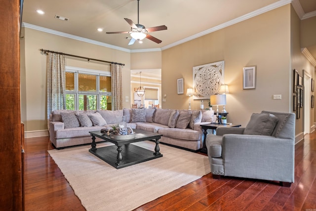 490 Quail Rdg, Hot Springs, AR 71901 - living room featuring a ceiling fan, ornamental molding, dark wood-style floors, baseboards, and recessed lighting