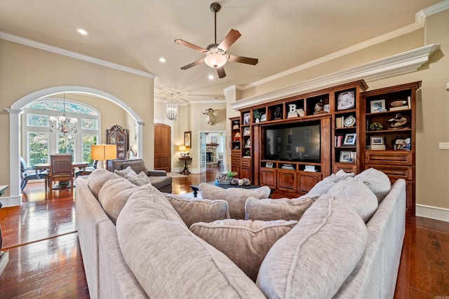 490 Quail Rdg, Hot Springs, AR 71901 - living area with a chandelier, crown molding, dark wood-style floors, recessed lighting, and arched walkways