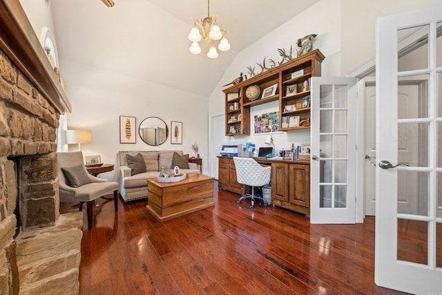 490 Quail Rdg, Hot Springs, AR 71901 - home office featuring dark wood-style floors, a chandelier, built in study area, high vaulted ceiling, and french doors