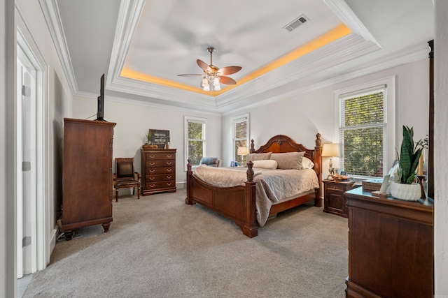 490 Quail Rdg, Hot Springs, AR 71901 - bedroom featuring a tray ceiling, light carpet, ornamental molding, and ceiling fan