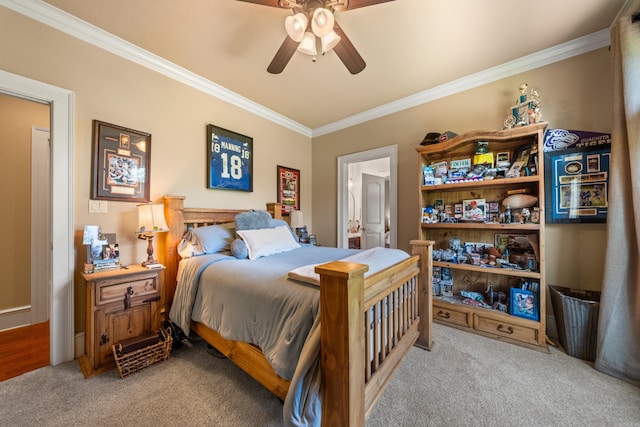 490 Quail Rdg, Hot Springs, AR 71901 - carpeted bedroom featuring ornamental molding, a ceiling fan, and ensuite bathroom