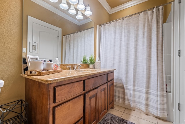 490 Quail Rdg, Hot Springs, AR 71901 - bathroom featuring crown molding, vanity, tile patterned flooring, a chandelier, and a textured wall