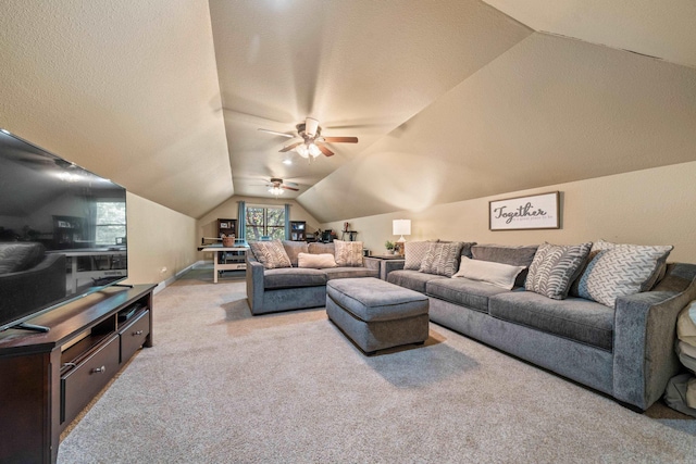 490 Quail Rdg, Hot Springs, AR 71901 - living room featuring light carpet, lofted ceiling, and a ceiling fan