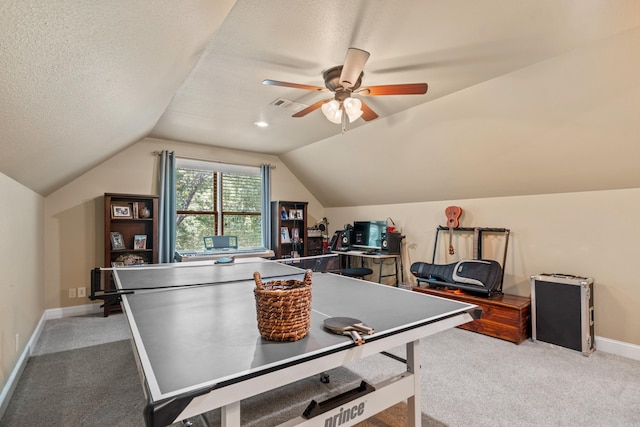 490 Quail Rdg, Hot Springs, AR 71901 - playroom featuring vaulted ceiling, carpet, a ceiling fan, baseboards, and a textured ceiling