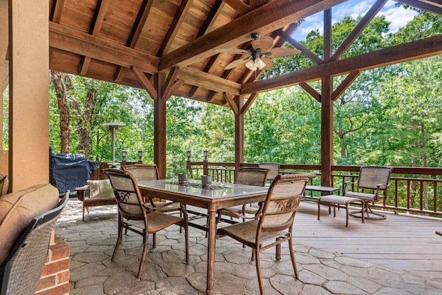 490 Quail Rdg, Hot Springs, AR 71901 - view of patio with a gazebo, outdoor dining area, ceiling fan, and a deck