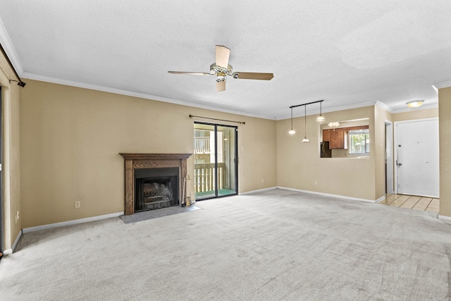 508 Green Mountain Cir Unit 80, Little Rock, AR 72211 - unfurnished living room featuring ceiling fan, light colored carpet, ornamental molding, a fireplace with flush hearth, and baseboards