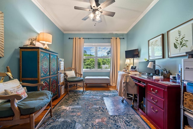 office space with wood finished floors, a ceiling fan, and crown molding