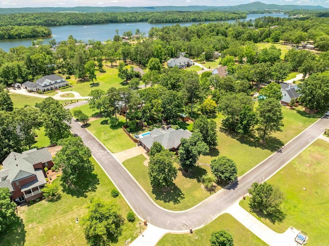 aerial perspective of suburban area featuring a large body of water and a heavily wooded area