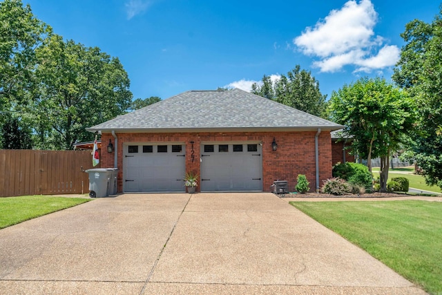 view of property exterior with an attached garage, concrete driveway, a shingled roof, and brick siding