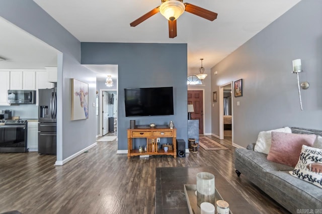 3023 Red Hawk Cv, Alexander, AR 72002 - living room featuring ceiling fan, dark wood-style floors, and baseboards