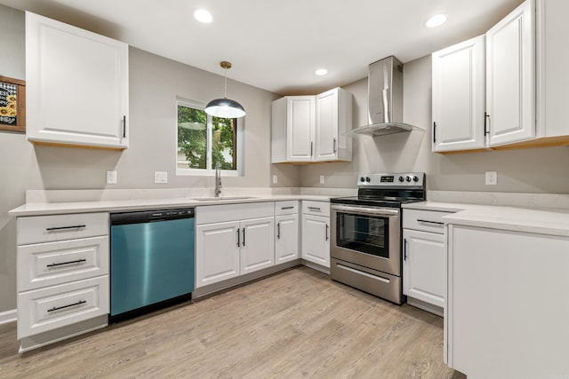 201 Sunset St, Hot Springs, AR 71913 - kitchen with dishwashing machine, wall chimney exhaust hood, stainless steel electric stove, a sink, and light wood-style floors