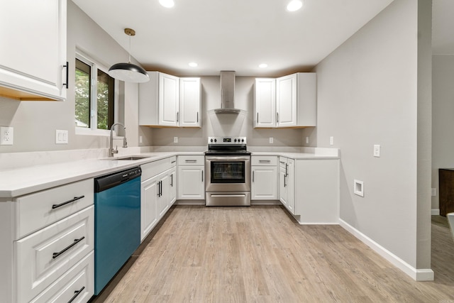 201 Sunset St, Hot Springs, AR 71913 - kitchen featuring stainless steel electric stove, dishwasher, wall chimney range hood, a sink, and light wood-type flooring