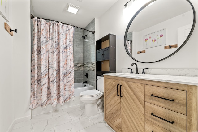 201 Sunset St, Hot Springs, AR 71913 - full bathroom featuring vanity, shower / bath combo with shower curtain, marble look tile flooring, and toilet