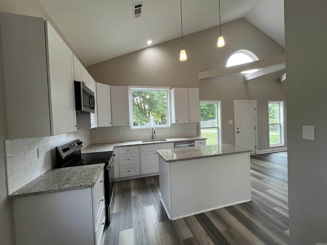 kitchen featuring stainless steel appliances, a center island, a sink, light stone countertops, and dark wood-style flooring