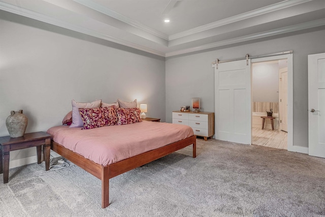 118 Lydia Dr, Maumelle, AR 72113 - bedroom featuring a barn door, crown molding, carpet floors, a tray ceiling, and baseboards
