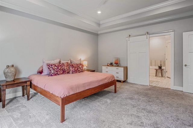 118 Lydia Dr, Maumelle, AR 72113 - bedroom featuring crown molding, a barn door, light colored carpet, a tray ceiling, and baseboards