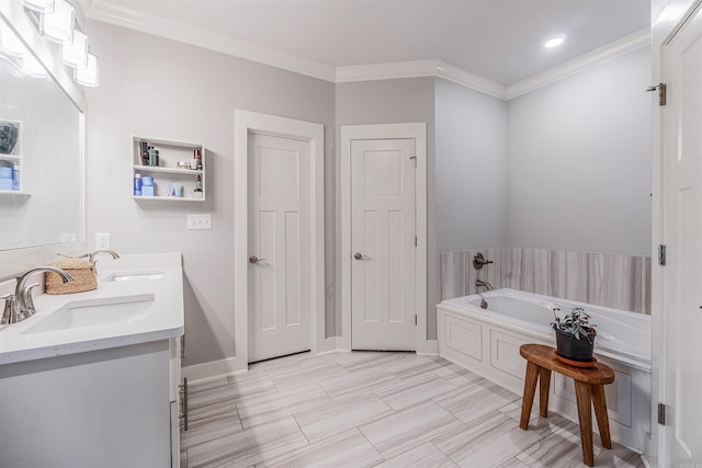 118 Lydia Dr, Maumelle, AR 72113 - bathroom featuring a garden tub, double vanity, and ornamental molding
