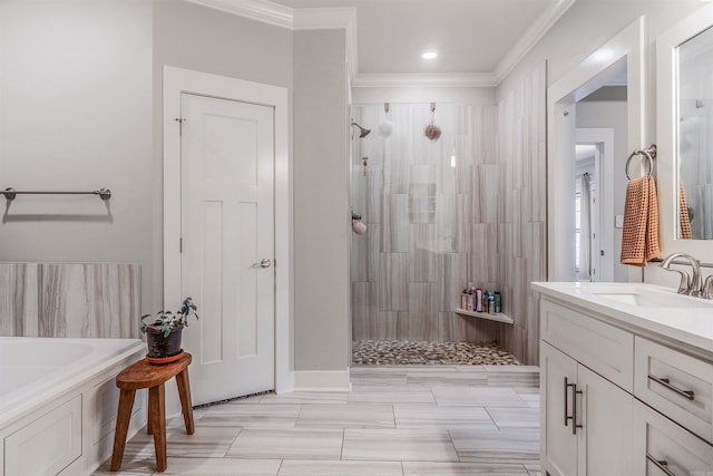 118 Lydia Dr, Maumelle, AR 72113 - full bath featuring walk in shower, vanity, crown molding, and recessed lighting