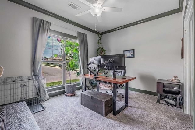 118 Lydia Dr, Maumelle, AR 72113 - carpeted office featuring crown molding, a ceiling fan, and baseboards