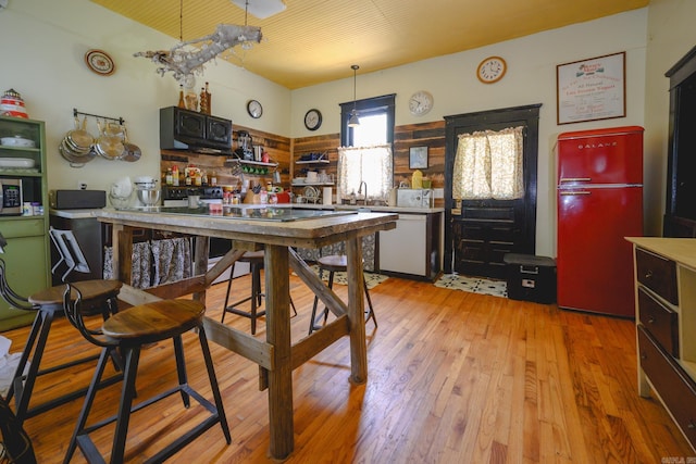 1107 Magnolia, Mena, AR 71953 - kitchen featuring refrigerator, dishwasher, light wood finished floors, open shelves, and light countertops