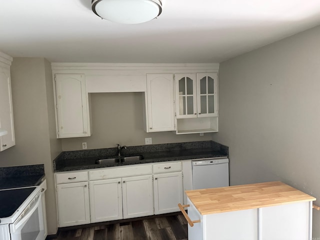 211 Turner St, Mena, AR 71953 - kitchen featuring white appliances, a sink, butcher block countertops, dark wood-style floors, and white cabinets