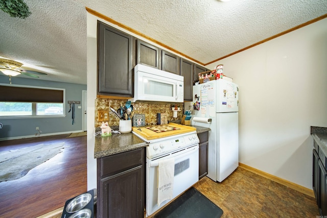 1417 Meadowbrook Dr, Heber Springs, AR 72543 - kitchen with white appliances, a textured ceiling, backsplash, ornamental molding, and ceiling fan
