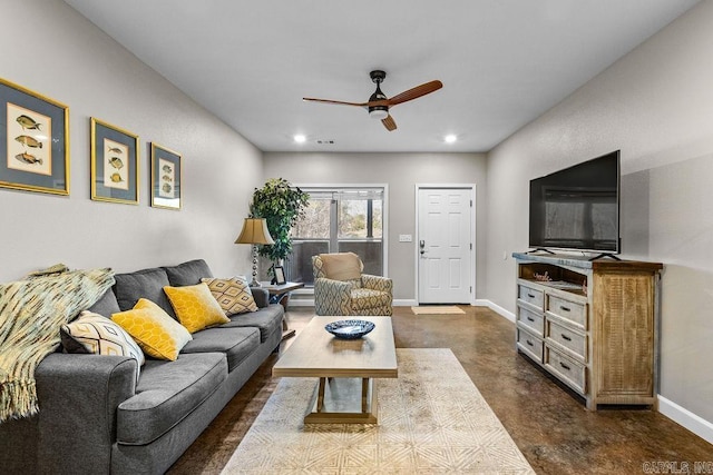 1912A5 Central Blvd, Bull Shoals, AR 72619 - living area with finished concrete flooring, ceiling fan, baseboards, and recessed lighting