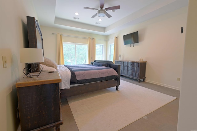 343 Boulder Rd, Royal, AR 71968 - carpeted bedroom featuring a tray ceiling, ceiling fan, and recessed lighting