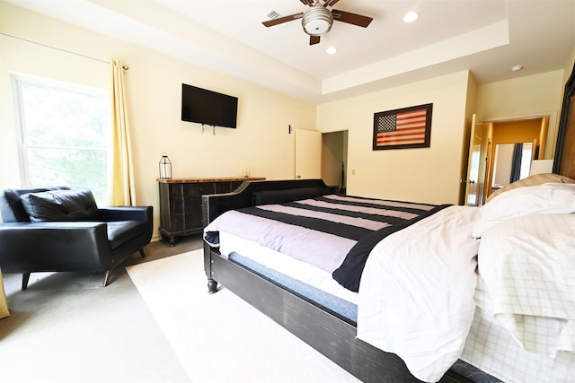 343 Boulder Rd, Royal, AR 71968 - carpeted bedroom featuring recessed lighting, a ceiling fan, and a raised ceiling