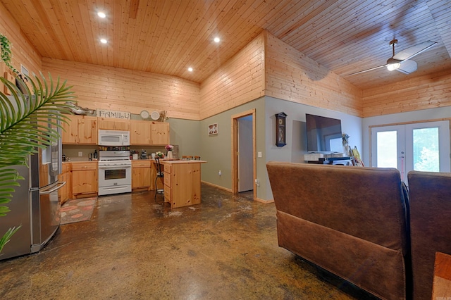 343 Boulder Rd, Royal, AR 71968 - kitchen with white appliances, light brown cabinetry, french doors, wooden ceiling, and open floor plan