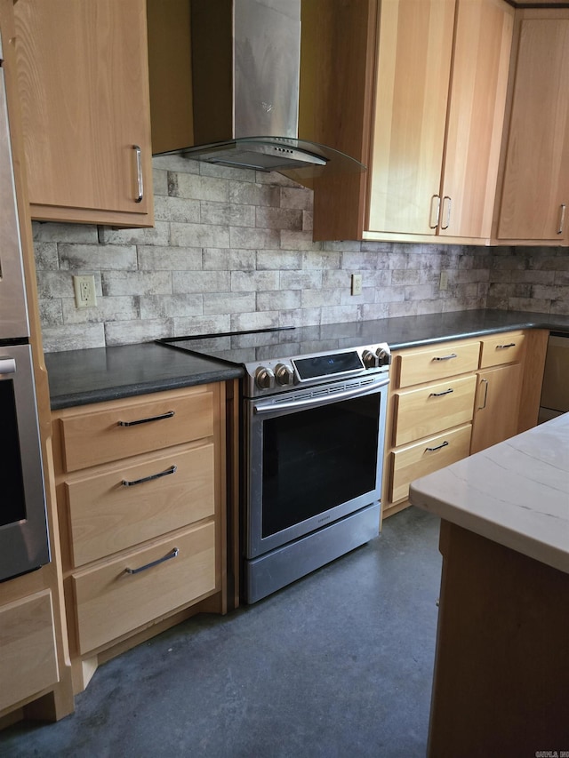 343 Boulder Rd, Royal, AR 71968 - kitchen with stainless steel appliances, wall chimney range hood, and light brown cabinetry