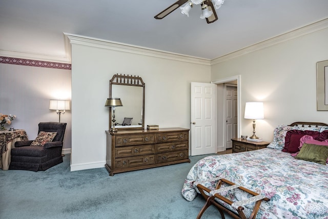 16 Masters Place Dr, Maumelle, AR 72113 - carpeted bedroom featuring crown molding, baseboards, and a ceiling fan