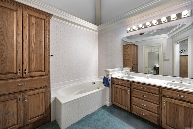 16 Masters Place Dr, Maumelle, AR 72113 - full bath featuring double vanity, a bath, wallpapered walls, and crown molding