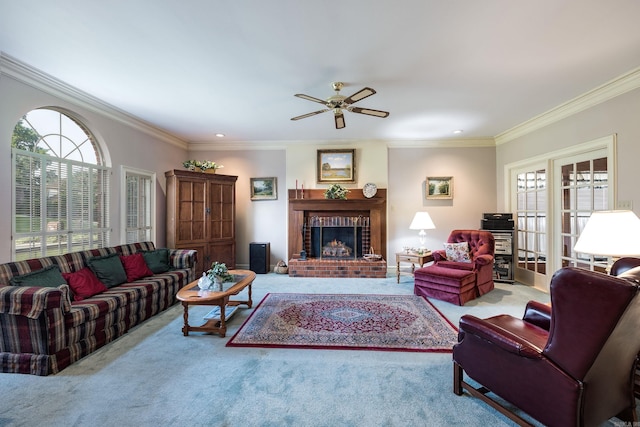 16 Masters Place Dr, Maumelle, AR 72113 - living area with carpet, ceiling fan, crown molding, a brick fireplace, and recessed lighting