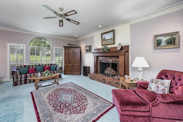 16 Masters Place Dr, Maumelle, AR 72113 - living area with carpet, ornamental molding, a ceiling fan, a fireplace, and recessed lighting