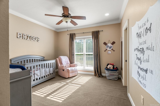 3 E Castlepines, Greenbrier, AR 72058 - carpeted bedroom featuring a nursery area, crown molding, baseboards, ceiling fan, and recessed lighting