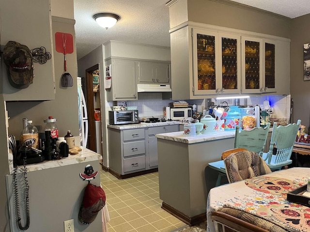 1702 E Spring Dr, Horseshoe Bend, AR 72512 - kitchen featuring a textured ceiling, under cabinet range hood, gray cabinets, light countertops, and white appliances