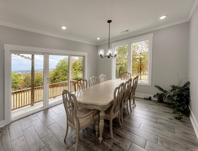 38 Oak Ridge Dr, Gepp, AR 72538 - dining space featuring baseboards, a chandelier, recessed lighting, ornamental molding, and wood finished floors